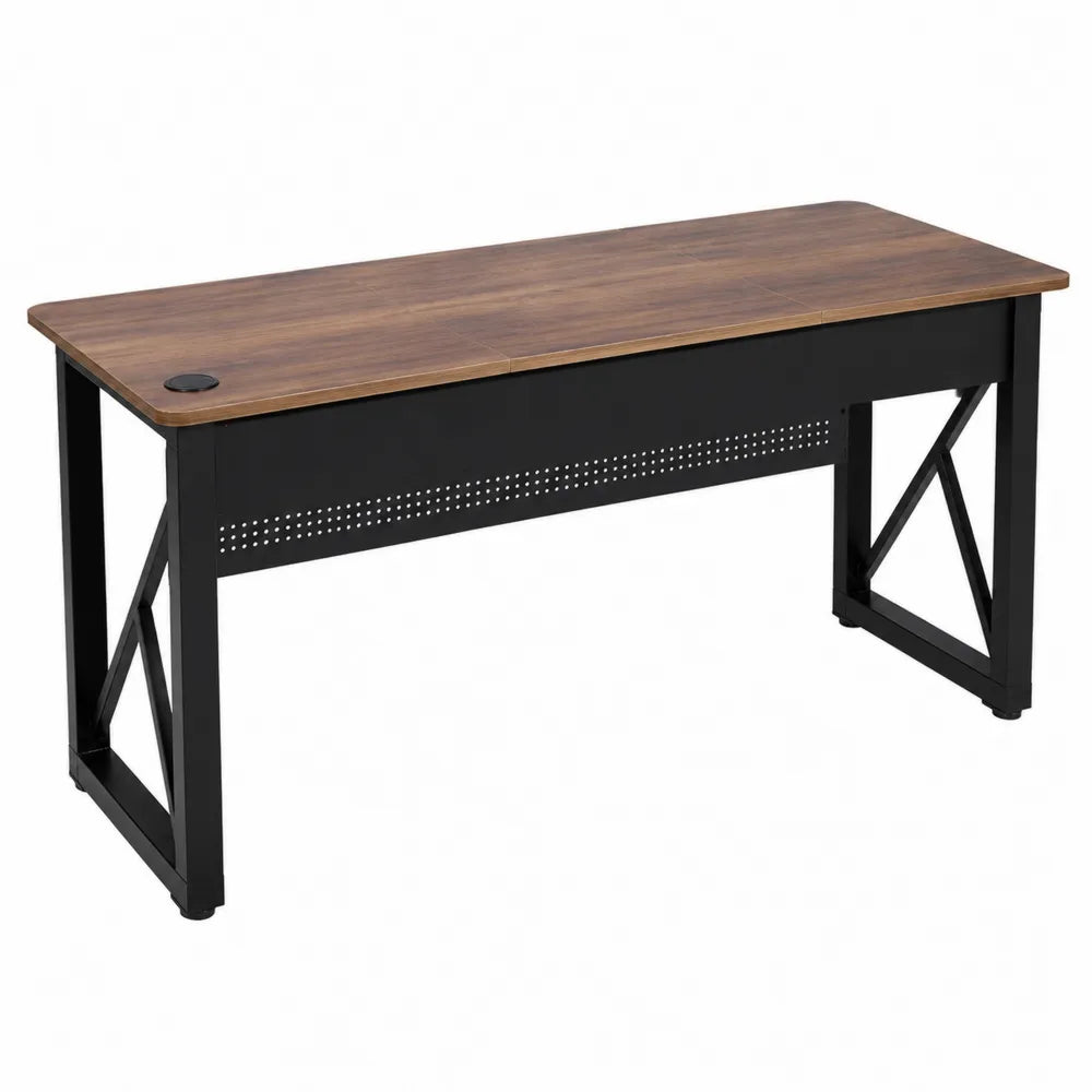 Bureau rectangulaire de bureau 140 x 60 x 75 cm plateau bois effet noyer et structure acier noir avec passe-câble