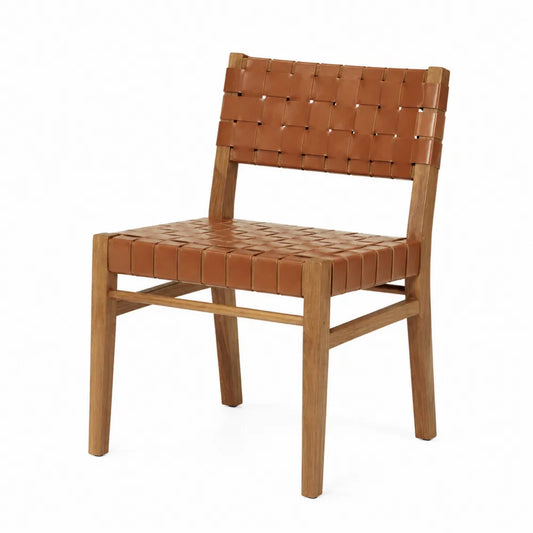 Chaise de salle à manger 52 x 55 x 82 cm en hévéa massif sangles PU tressées cognac structure bois naturel