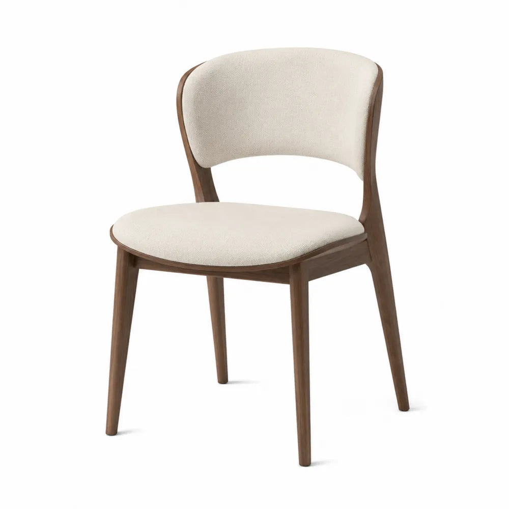 Chaise de salle à manger 54 x 56 x 78 cm en bois d’hévéa finition noyer et tissu bouclé écru