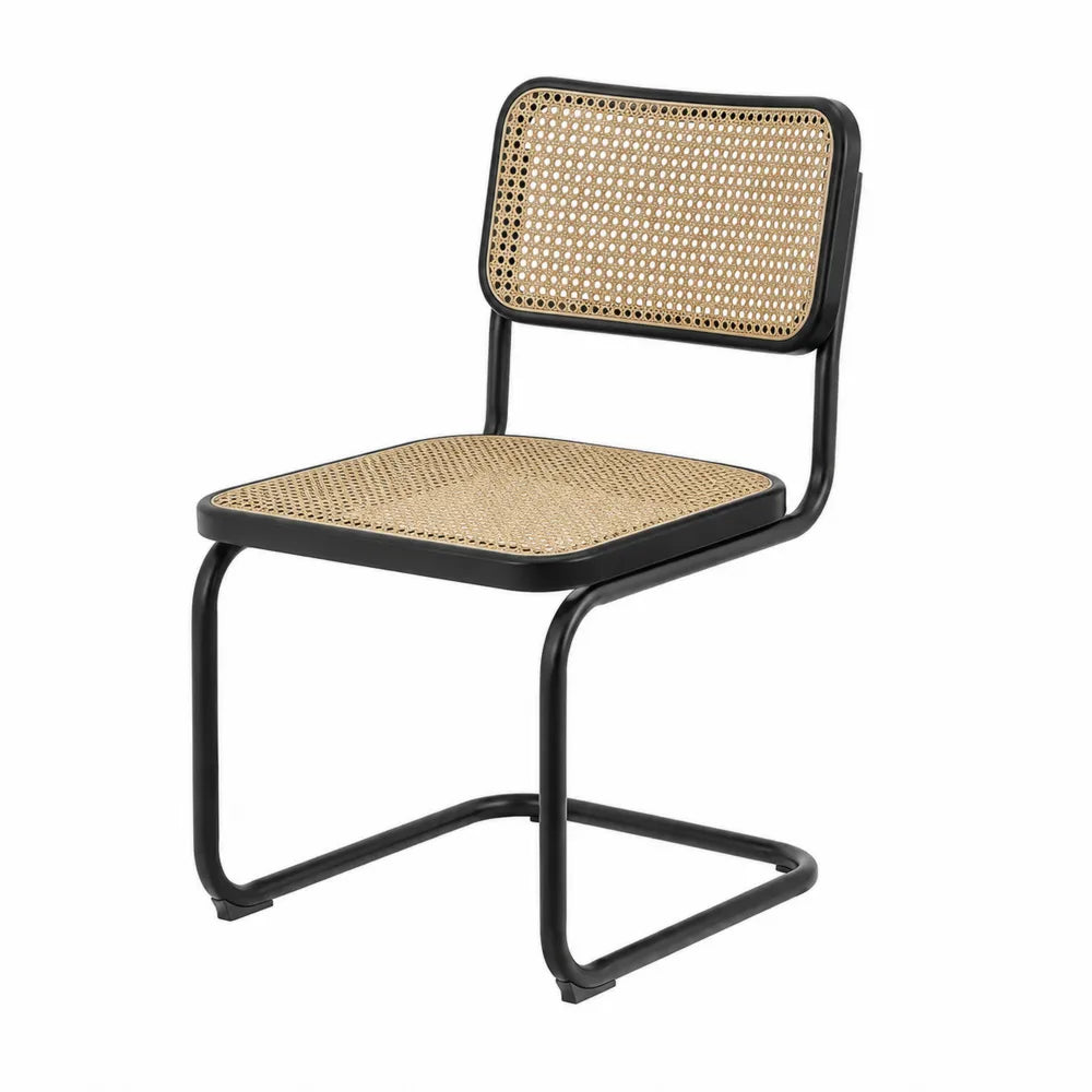 Chaise de salle à manger cantilever 47 cm x 55 cm x 82 cm acier noir cannage rotin naturel sans accoudoirs