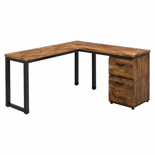 Bureau d'angle en L avec caisson 140 x 120 x 75 cm panneaux de particules mélaminés brun rustique et acier noir
