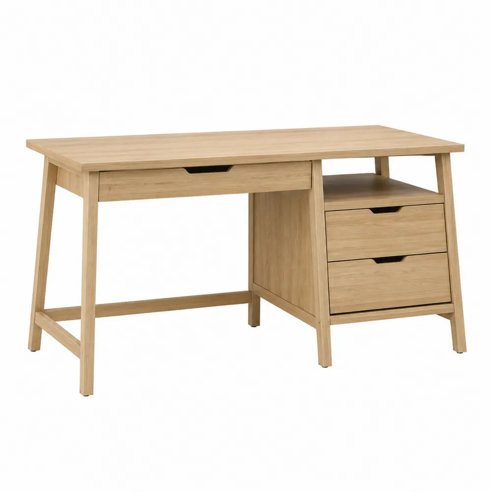 Bureau avec 3 tiroirs et niche 140 x 60 x 76 cm en panneau de particules mélaminé chêne clair rectangulaire