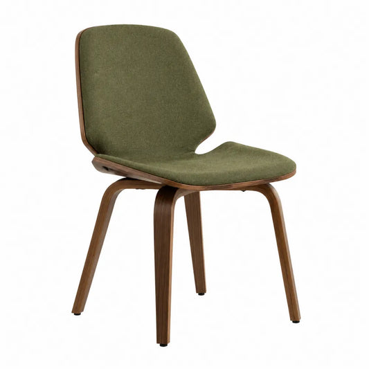 Chaise de salle à manger 52 x 57 x 82 cm en contreplaqué cintré placage noyer revêtement polyester vert olive pieds bois naturel