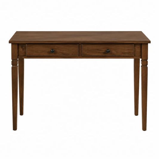 Bureau console avec 2 tiroirs 110 x 45 x 75 cm en bois finition marron avec pieds en bois massif