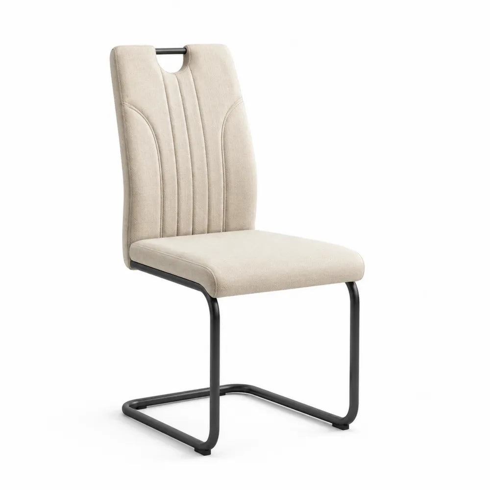 Chaise de salle à manger 44 x 58 x 101 cm en acier noir et tissu polyester beige dossier haut rembourré piètement luge