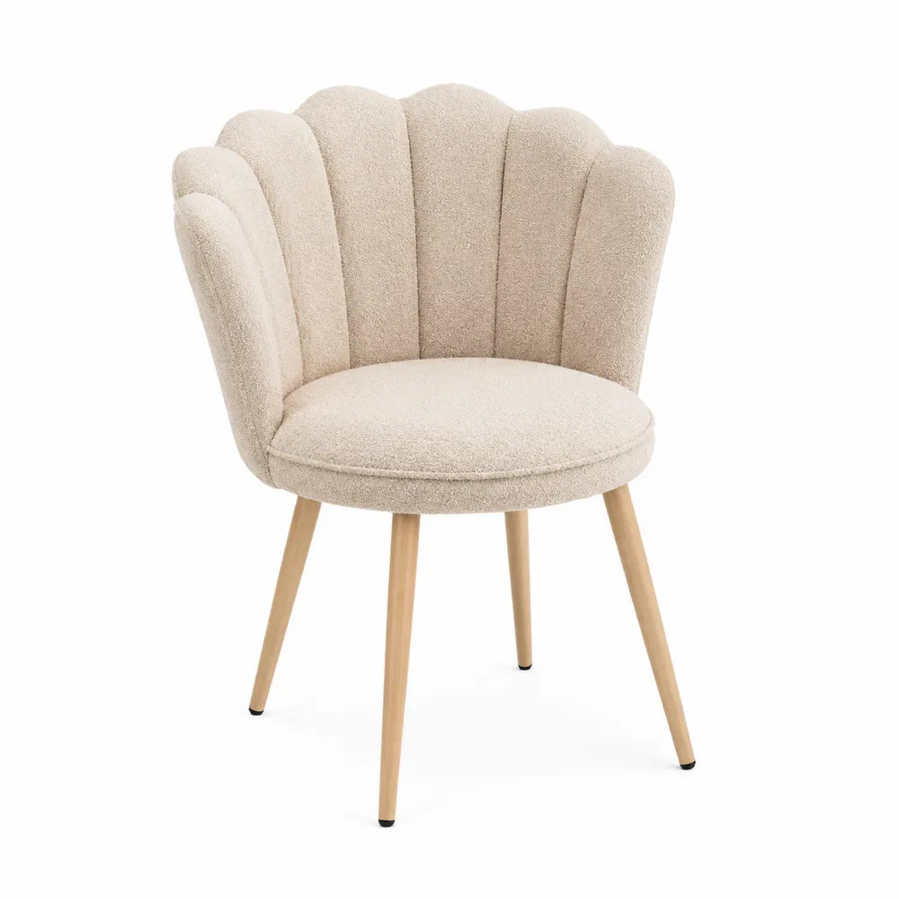 Chaise de salle à manger 55 cm x 58 cm x 80 cm bois massif tissu bouclé beige dossier coquillage