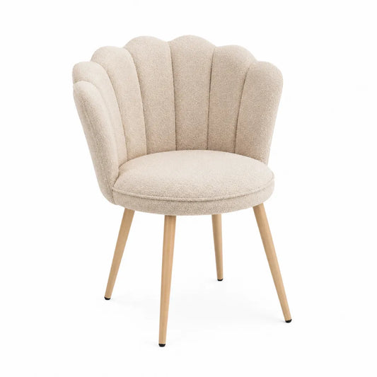 Chaise de salle à manger 55 cm x 58 cm x 80 cm bois massif tissu bouclé beige dossier coquillage