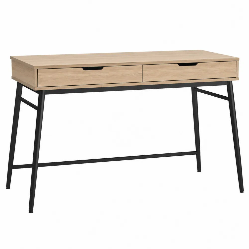 Bureau rectangulaire 120 x 55 x 76 cm avec 2 tiroirs en panneau mélaminé décor chêne clair et structure acier noir
