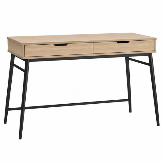 Bureau rectangulaire 120 x 55 x 76 cm avec 2 tiroirs en panneau mélaminé décor chêne clair et structure acier noir