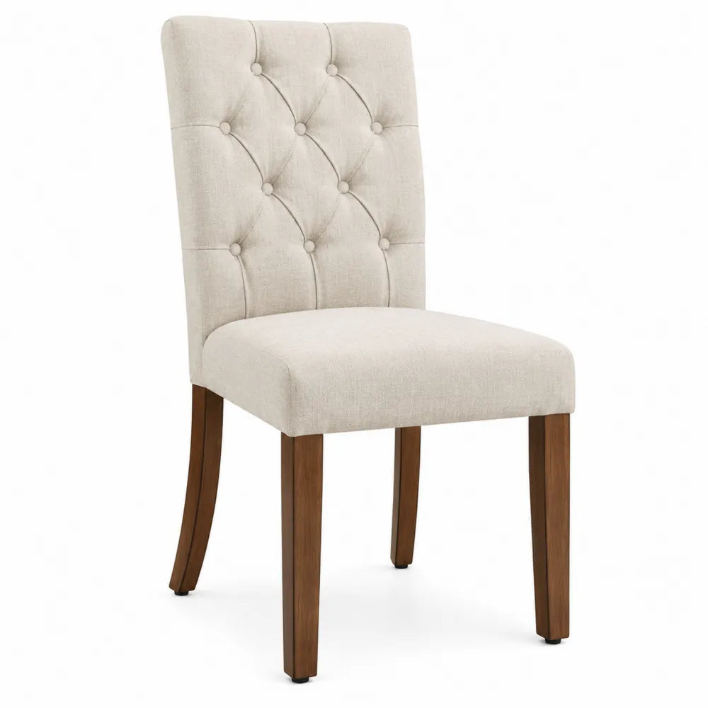 Chaise de salle à manger capitonnée 48 x 61 x 98 cm en polyester beige pieds en hévéa massif finition noyer dossier rectangulaire